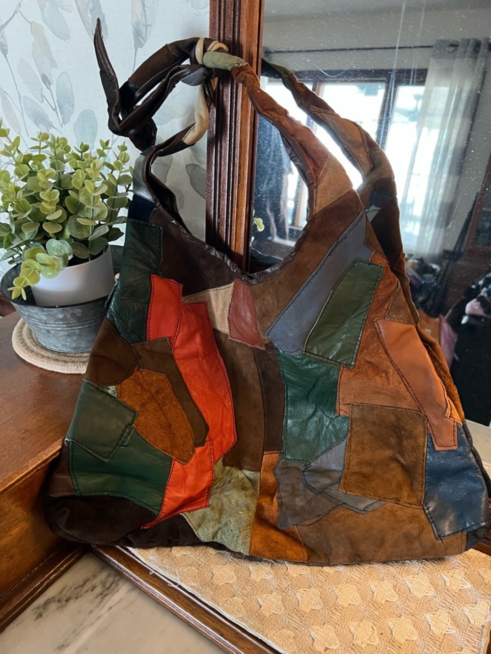 *VINTAGE* Mixed Leather‎ and Suede Boho Chic Shoulder Purse Brown Green 17x12.5